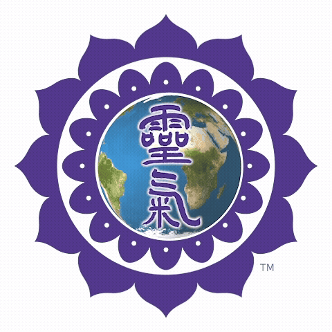 Animated purple ICRT logo with a lotus-like border, a rotating globe at the center, and stylized Japanese Reiki characters overlaying the globe.