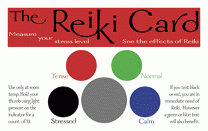 Reiki stress-level card with colored circles labeled tense, normal, stressed, and calm, along with instructions for using the thumb indicator.