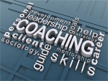 3D word cloud featuring "COACHING" in large white letters surrounded by terms like leadership and skills.