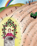 Illustration of a woman at a well with roses, overlooking a field being watered by many sprinklers.