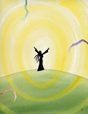 Stylized illustration of a silhouette with raised arms on a green hill under a bright yellow sun.