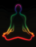 Neon rainbow silhouette of a person sitting in a meditative lotus pose against a dark background.