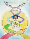 An illustration of a person meditating with colorful energy ribbons labeled "forgiveness" and "gratitude."