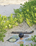 A meditation setup on a sandy beach with burning incense, a crystal sphere, and mandala cards.
