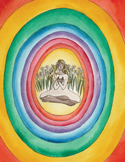 Stylized drawing of a person meditating inside a series of vibrant, concentric rainbow-colored ovals.