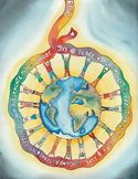 Illustration of people holding hands around the Earth, encircled by a ribbon of positive virtues.