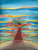 Watercolor painting of a person with arms outstretched facing a colorful, layered sunset sky.