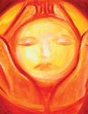 Abstract warm-toned painting of a peaceful face cradled by glowing orange and yellow hands.