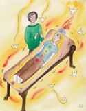 Illustration of a Reiki practitioner channeling energy and "Holy Fire" to a person lying on a treatment table.