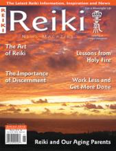 Reiki News Magazine Spring 2016 cover featuring a sunset over the ocean and various article headlines.