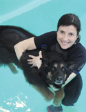 A woman in a wetsuit smiling while holding a German Shepherd in a swimming pool during a water therapy session.