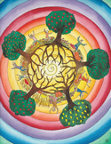 Colorful circular artwork depicting trees with interconnected roots and figures dancing in concentric rings.
