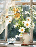 A bright bouquet of white daisies and orange lilies in a ceramic vase on a sunlit windowsill.