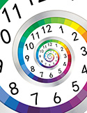 A colorful, infinite spiral clock face with numbers receding into a deep, hypnotic center.