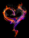 Wisps of colorful orange, pink, and purple fire swirling against a black background to form a heart shape.