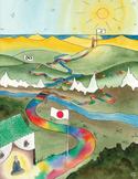 Watercolor illustration of a rainbow path winding through mountains from a Japanese temple to a sunlit peak.
