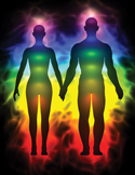 Glowing silhouettes of a man and woman holding hands, showing colorful energy centers and a vibrant aura.