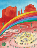 Watercolor illustration of people holding hands in a large spiral circle in a desert landscape with a rainbow.
