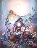 Spiritual painting of a celestial woman cradling a glowing inner child amidst ethereal light.