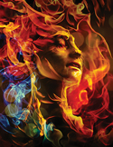 Artistic profile of a woman’s face emerging from vibrant red, orange, and blue flames and smoke.