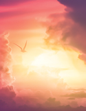 A silhouette of a single bird flying through soft, glowing pink and orange clouds during a sunset.