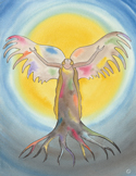 Stylized art of a figure with roots for feet and colorful wings, standing before a large yellow sun.