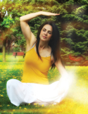 A woman in a yellow tank top practicing yoga outdoors with bright, ethereal light overlays.