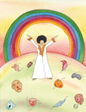 Illustration of a woman in white with arms raised under a rainbow, surrounded by many discarded masks on the ground.