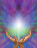 Two hands held open toward a glowing white light against a vibrant purple and blue abstract background.