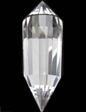 A clear, double-terminated Vogel quartz crystal wand with multiple precision-cut facets against a black background.