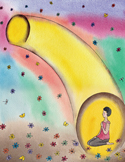 Illustration of a person kneeling in a yellow glow at the end of a long, curved golden light tunnel.
