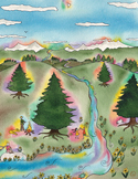 A colorful folk-art painting of a rainbow-tinted river flowing through a landscape of hills and trees.