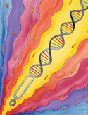 An illustration of a tuning fork emitting colorful waves that transform into a DNA double helix.