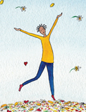 A whimsical illustration of a person with arms outstretched, dancing joyfully amidst floating flowers and hearts.