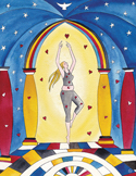 Illustration of a woman dancing joyfully under a starry blue archway surrounded by floating hearts.