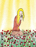 Illustration of a blonde woman in a red shirt kneeling in prayer within a field of red flowers.