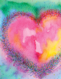 Watercolor painting of a vibrant pink and orange heart framed by a textured purple and blue border.