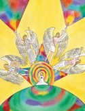 Colorful illustration of five angels surrounding a central figure in a meditative, swirling light.