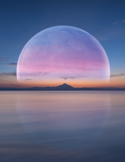 A large, translucent purple sphere sits on a calm horizon at sunset, reflecting in the still water.