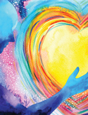 Abstract watercolor of a glowing yellow heart being gently cradled by blue hands against a starry background.
