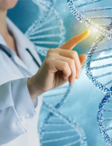 A doctor's hand touching a glowing, digital DNA double helix representing genetic modification.