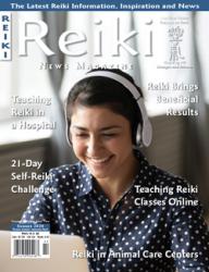 Reiki News Fall 2020 featuring a woman using a laptop with headphones.