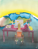 Illustration of a person at a desk teaching Reiki via a laptop with a global map background.