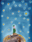 Illustration of a person kneeling on a hill under a starry blue night sky, looking upward.