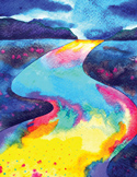 A vibrant, abstract watercolor painting of a colorful river flowing through a dark, moody landscape.