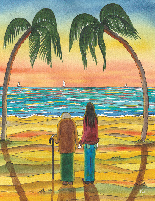 Painting of a young woman and an elderly woman with a cane standing on a beach between palm trees.
