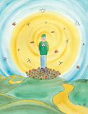 Watercolor illustration of a person standing on a flowery hill under a large, glowing yellow sun.