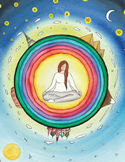 Illustration of a person meditating inside a rainbow circle surrounded by world landmarks and a starry sky.