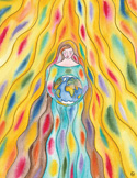 Spiritual illustration of a woman holding the Earth, surrounded by vibrant, flowing rays of yellow and pink light.