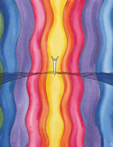 Abstract watercolor painting of a central white figure surrounded by colorful, vertical wavy energy lines.